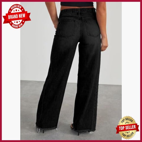 Plus Size Wide Leg Jeans Elastic High Waist Stretchy Raw Hem Denim Pants - Picture 2 of 7